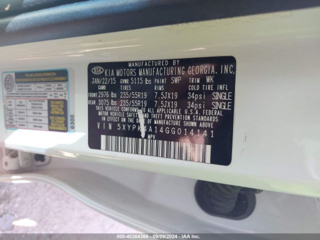 5XYPK4A14GG014141 KIA Sorento 2.0t Sxl