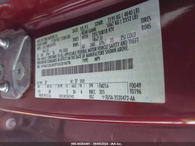 Ford Escape Titanium 2015 1FMCU9J91FUC01678 Image 9