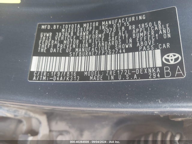 Toyota COROLLA LE 2015 5YFBURHE7FP262744 Image 9