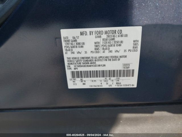 1FM5K8D84HGD38126 Ford EXPLORER XLT
