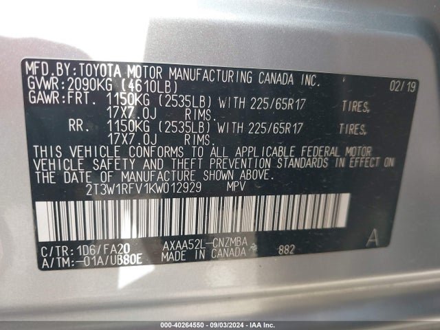 Toyota Rav4 Xle 2019 2T3W1RFV1KW012929 Image 9