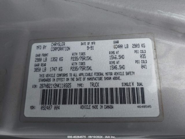1992 DODGE RAM VAN 2B7HB21Y2NK110325 Photo 8