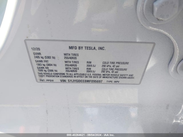 2021 TESLA MODEL Y 5YJYGDEE8MF095697 Photo 8