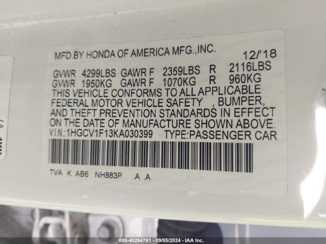 Honda ACCORD LX 2019 1HGCV1F13KA030399 Image 9