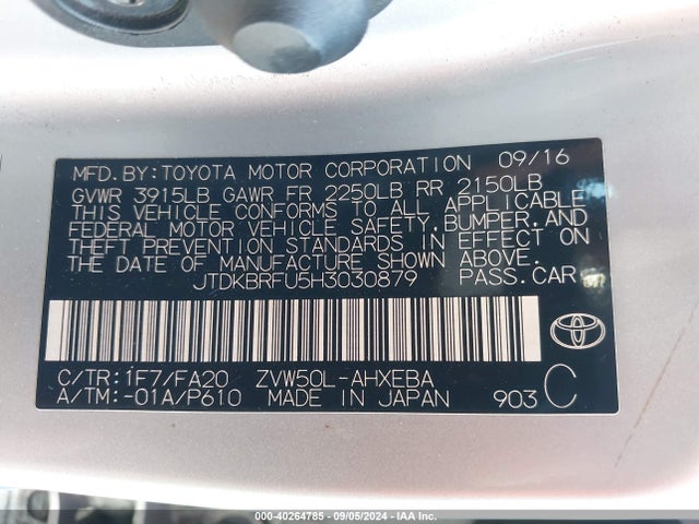 Toyota Prius Two 2017 JTDKBRFU5H3030879 Image 9