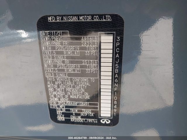3PCAJ5BA6NF108491 Infiniti Qx50 Luxe