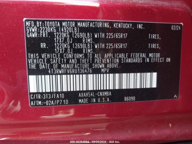 4T3RWRFV6RU136476 Toyota Rav4 Hybrid Xle