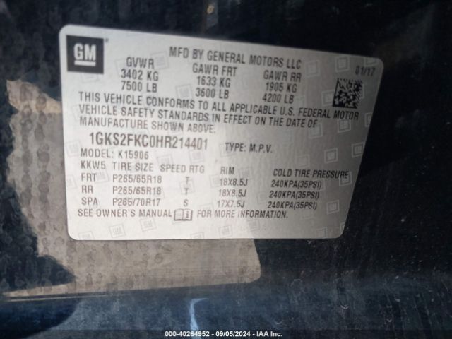 1GKS2FKC0HR214401 GMC Yukon Xl Sle