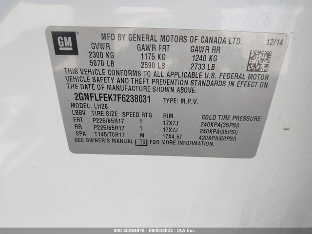 Chevrolet EQUINOX 1LT 2015 2GNFLFEK7F6238031 Image 9