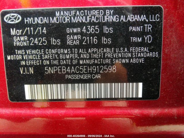 5NPEB4AC5EH912598 Hyundai SONATA GLS