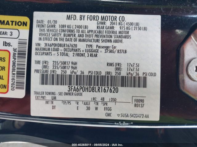 3FA6P0HD8LR167620 Ford FUSION SE
