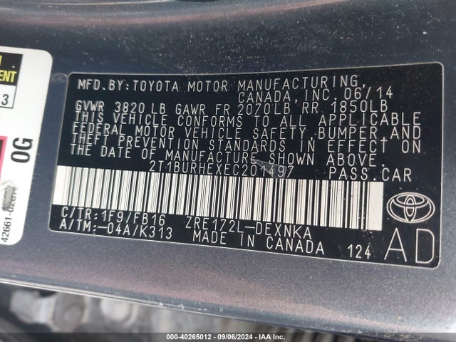 Toyota COROLLA LE 2014 2T1BURHEXEC201497 Image 9