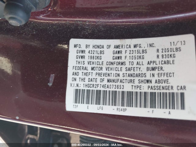 Honda ACCORD EX 2014 1HGCR2F74EA073653 Image 9