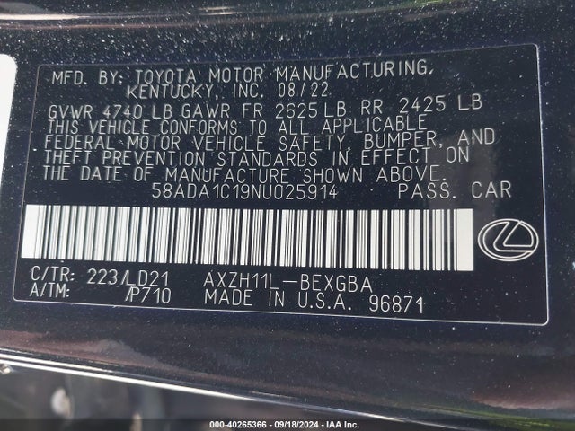 Lexus ES 300H 2022 58ADA1C19NU025914 Image 9