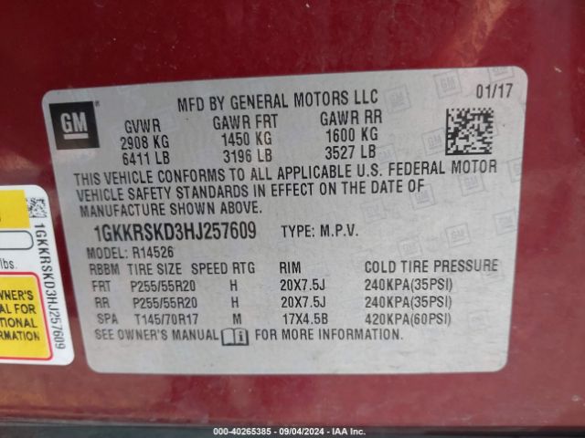 1GKKRSKD3HJ257609 GMC Acadia Limited