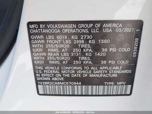 1V2BR2CA8MC570944 Volkswagen Atlas 3.6l V6 Sel