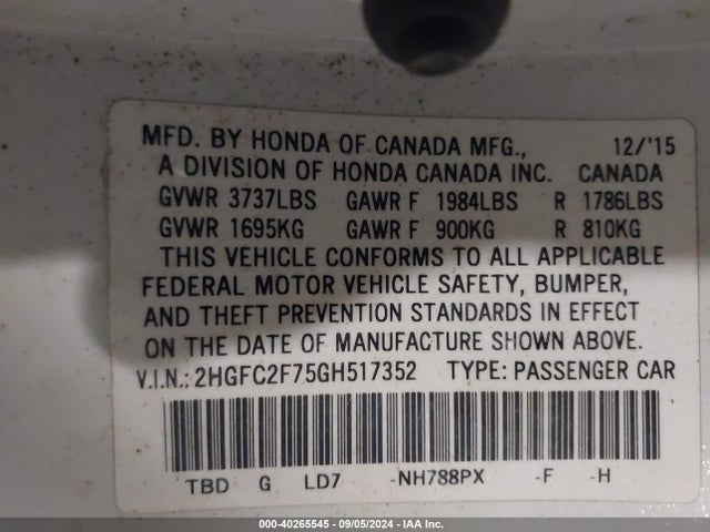 Honda CIVIC EX 2016 2HGFC2F75GH517352 Image 9