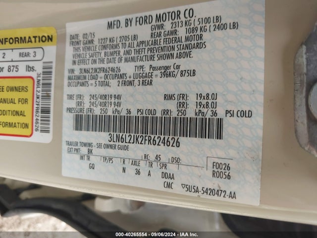 3LN6L2JK2FR624626 Lincoln MKZ