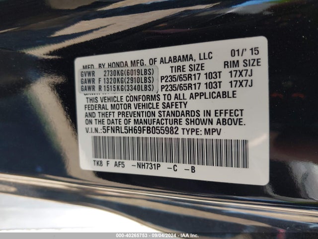 Honda Odyssey Ex-l 2015 5FNRL5H69FB055982 Image 9