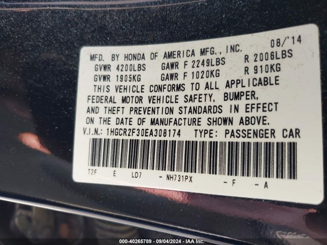 Honda ACCORD LX 2014 1HGCR2F30EA308174 Image 9