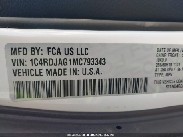 1C4RDJAG1MC793343 Dodge Durango Sxt Plus Awd