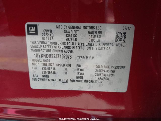 1GYKNDRS2JZ102073 Cadillac XT5 LUXURY