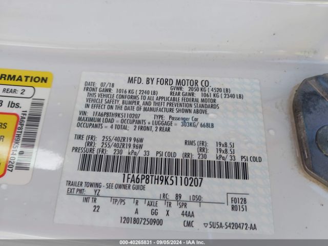 1FA6P8TH9K5110207 Ford Mustang Ecoboost
