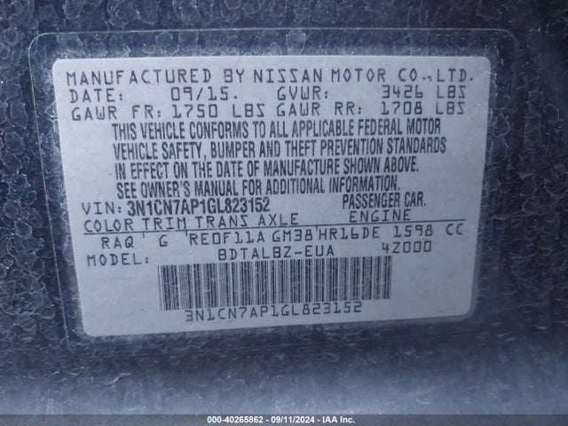 Nissan Versa 1.6 Sv 2016 3N1CN7AP1GL823152 Image 9