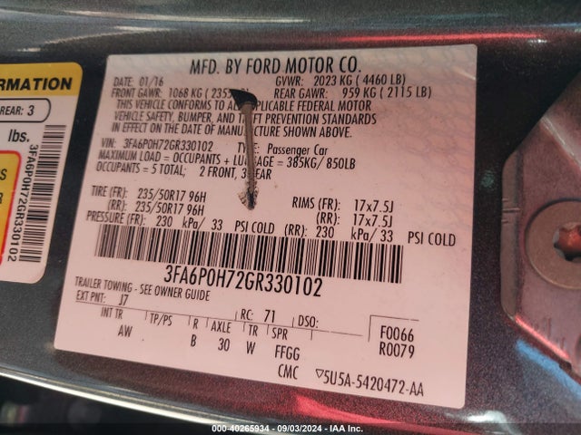 Ford FUSION SE 2016 3FA6P0H72GR330102 Image 9