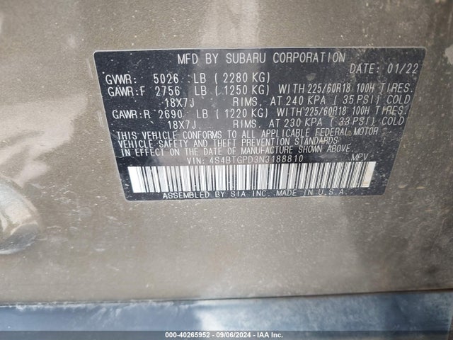 4S4BTGPD3N3188810 Subaru Outback Touring Xt