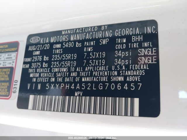 5XYPH4A52LG706457 KIA Sorento 3.3l Ex