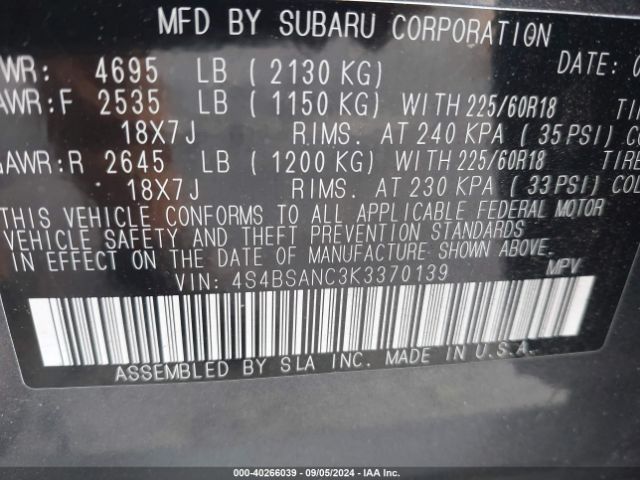 4S4BSANC3K3370139 Subaru Outback 2.5i Limited