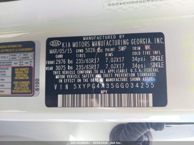 5XYPG4A35GG034255 KIA Sorento 2.4l Lx