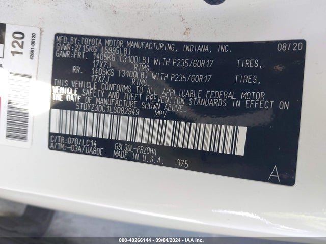 5TDYZ3DC1LS082949 Toyota SIENNA XLE
