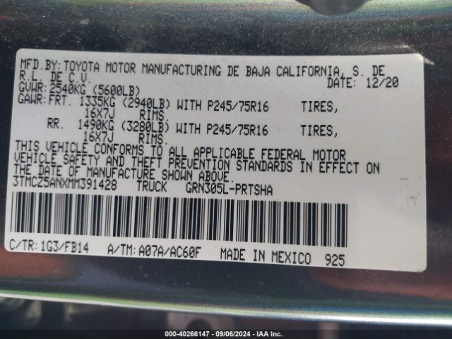 3TMCZ5ANXMM391428 Toyota Tacoma Sr V6