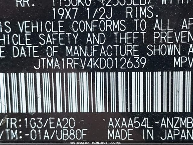 JTMA1RFV4KD012639 Toyota Rav4 Xle Premium
