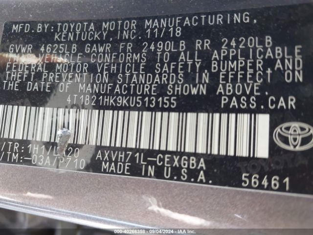 4T1B21HK9KU513155 Toyota Camry Hybrid Xle