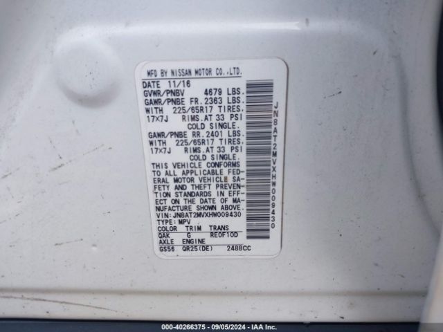 JN8AT2MVXHW009430 Nissan ROGUE S