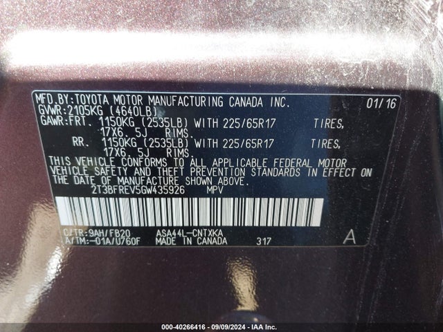 Toyota RAV4 LE 2016 2T3BFREV5GW435926 Image 9