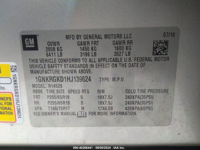 1GNKRGKD1HJ139624 Chevrolet Traverse 1lt