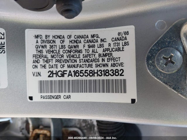 Aukcja sprzedaży 2008 Honda Civic Sdn Lx, vin: 2HGFA16558H318382, numer aukcji: 40266448