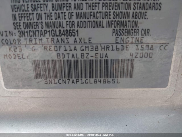 3N1CN7AP1GL848651 Nissan Versa 1.6 Sv