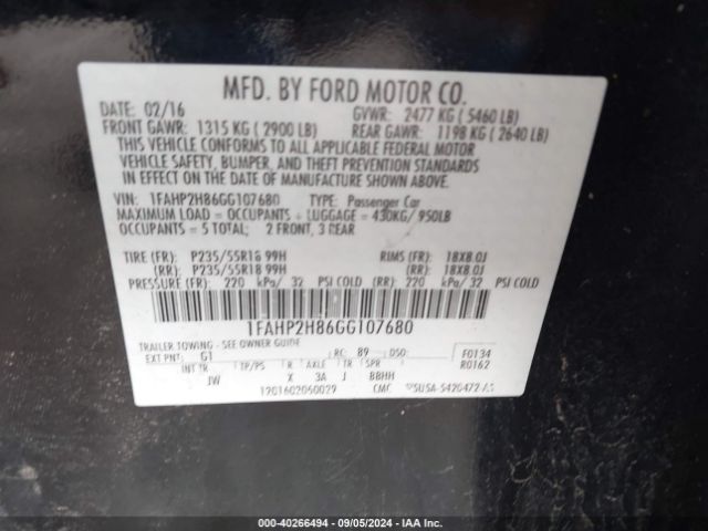 1FAHP2H86GG107680 Ford TAURUS SEL