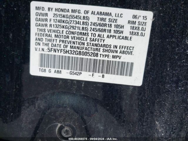 5FNYF5H32GB005208 Honda Pilot Ex