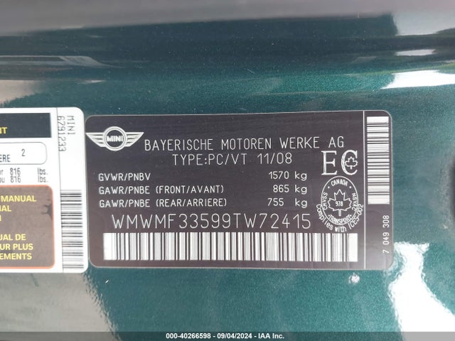 2009 MINI COOPER WMWMF33599TW72415 Photo 8