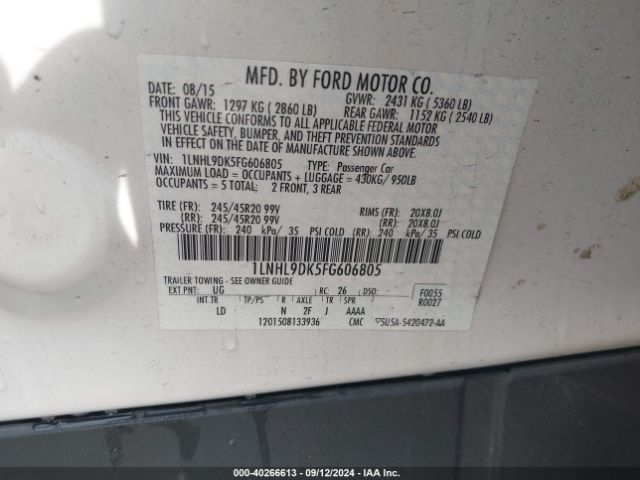 1LNHL9DK5FG606805 Lincoln MKS