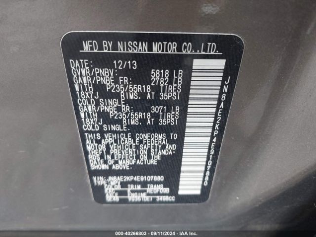 JN8AE2KP4E9107880 Nissan Quest Sl