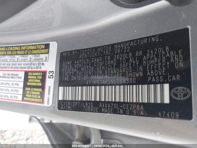 Toyota CAMRY XSE 2022 4T1K61AK5NU068500 Image 9