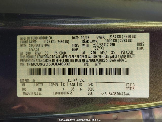 Ford ESCAPE SE 2018 1FMCU9GD5JUD48932 Image 9