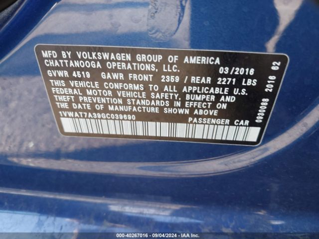 1VWAT7A39GC039690 Volkswagen Passat 1.8t S